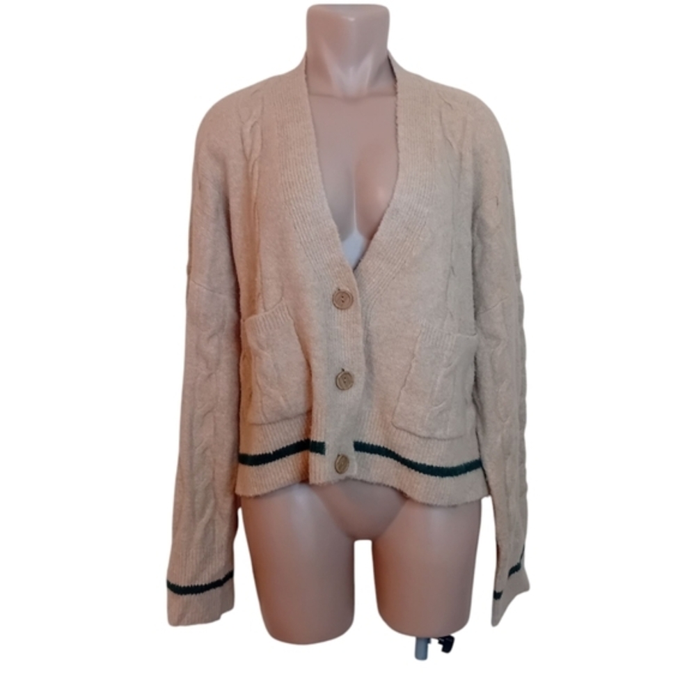 NWOT Oak & Trellis Oversized Beige Cable Knit Minimalist‎ Boho Indie Cardigan L